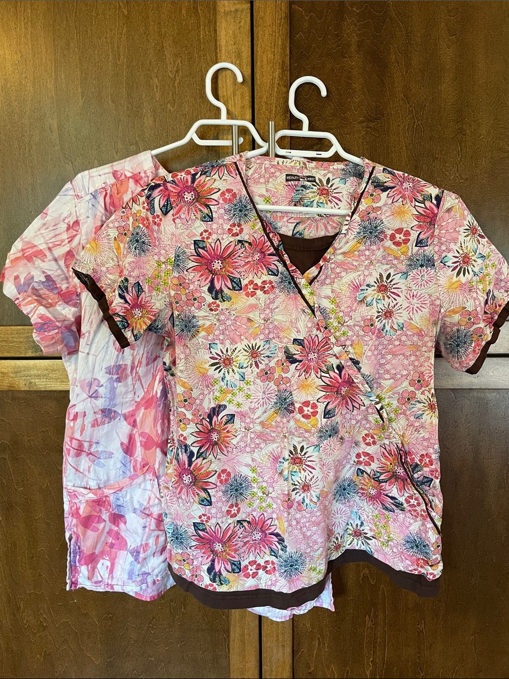 Pink Scrub Top Duo (dragonfly and flower).